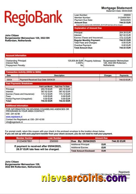 Netherlands Regiobank mortgage statement Word and PDF template